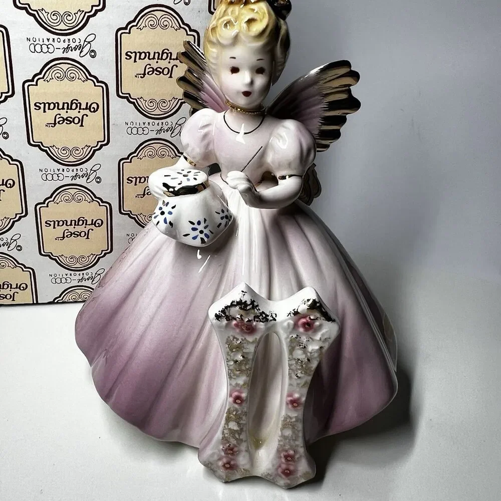 Vtg Josef Originals 11 Year Old Birthday Angel Figurine Sewing Muff Box Pink